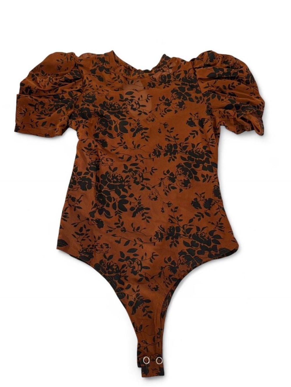 Rust Floral Puff-Sleeve Womens One-Piece Bodysuit Maria Jose Mesh Onesie Sz M G